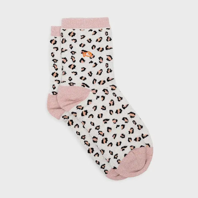 Glittery Socks - White & Pink Leopard - One size: 37/40