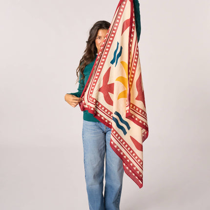 Organic Cotton Scarf - Ecru and Red