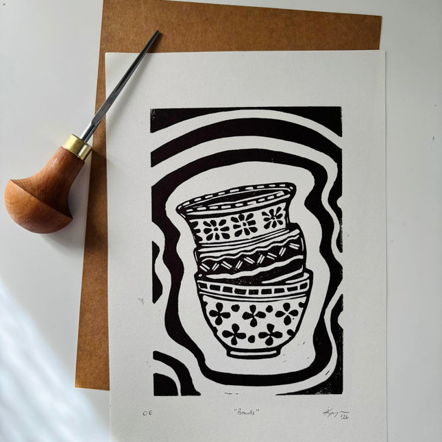 "Ceramic Bowls" Linocut Print