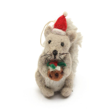 Felt Christmas Decoration - Squirrel with Christmas Pudding