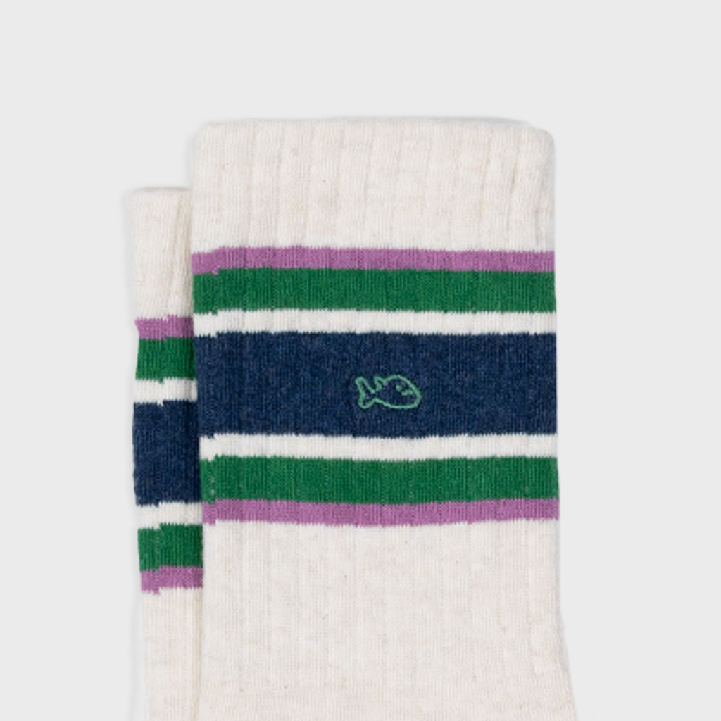 Gekamde katoenen sokken - Beige &amp; Groen - Marineblauw gestreept - Eén maat: 41/46