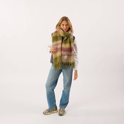 Wide Mixed Wool Scarf - Khaki & Purple