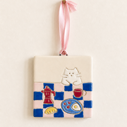 Cat Breakfast - Tiny Ceramic Wall Hanging