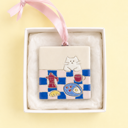 Cat Breakfast - Tiny Ceramic Wall Hanging