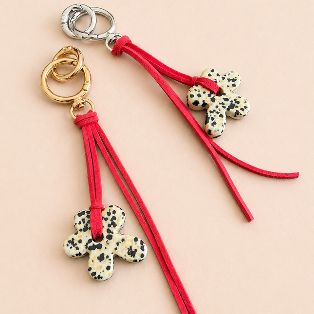 Dalmatian Stone Flower Bag Charm / Keychain - Natural Gemstone