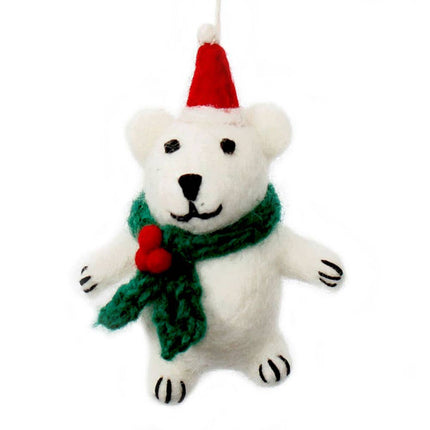 Felt Christmas Decoration - Polar Bear with Holly Scarf - Mini