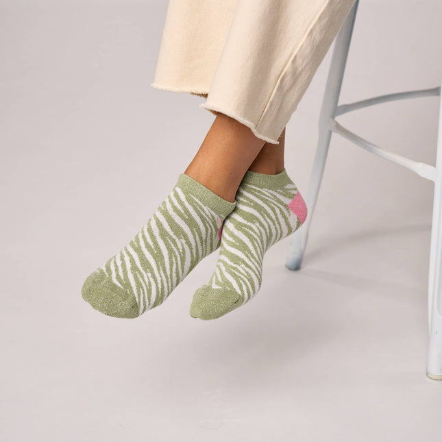 Glittery Ankle Socks - Green and white- One size: 37/40