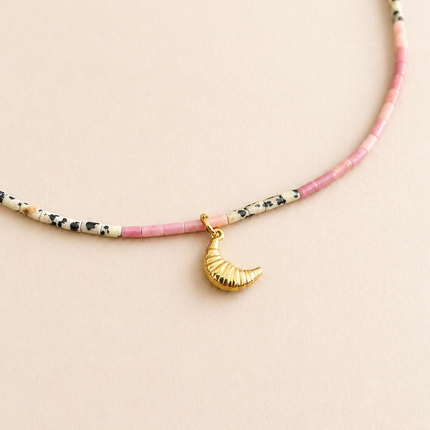 Pink & Dalmatian Jasper Necklace with Croissant Pendant