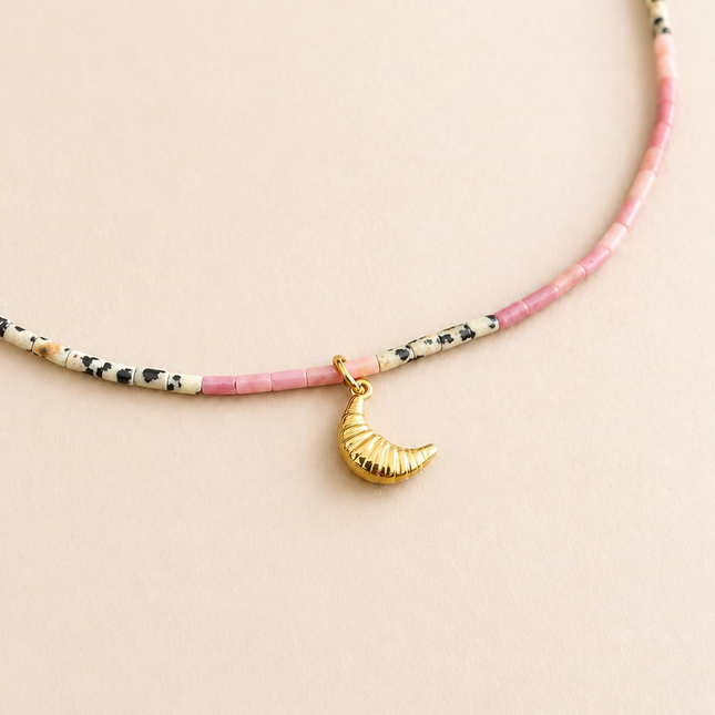 Pink & Dalmatian Jasper Necklace with Croissant Pendant