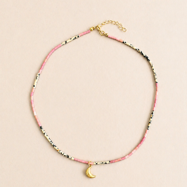 Pink & Dalmatian Jasper Necklace with Croissant Pendant