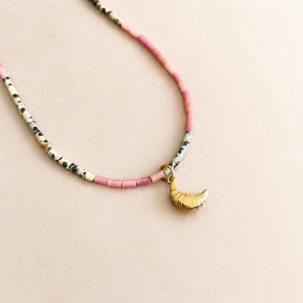 Pink & Dalmatian Jasper Necklace with Croissant Pendant